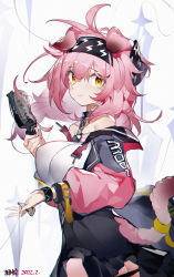Rule 34 | 1girl, absurdres, animal ears, arknights, bare shoulders, black hairband, black skirt, bracelet, breasts, cat ears, cat girl, cat tail, chain, closed mouth, clothes writing, clothing cutout, coat, collar, cowboy shot, dated, from side, goldenglow (arknights), hair brush, hairband, high-waist skirt, highres, holding, holding brush, infection monitor (arknights), jewelry, large breasts, lightning bolt print, long hair, long sleeves, looking at viewer, looking to the side, messy hair, off shoulder, open clothes, open coat, pink hair, simple background, skirt, smile, solo, tail, tail through clothes, white background, yellow eyes, yushe quetzalli