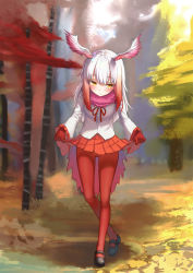 Rule 34 | 10s, 1girl, autumn leaves, bad id, bad pixiv id, blurry, blush, closed mouth, curtsey, day, depth of field, frilled sleeves, frills, full body, fur collar, head wings, japanese crested ibis (kemono friends), kemono friends, long hair, long sleeves, looking away, multicolored hair, outdoors, pantyhose, pleated skirt, red hair, red pantyhose, red skirt, rokuroku (xd p), shirt, skirt, skirt hold, smile, solo, standing, tree, two-tone hair, white hair, white shirt, wide sleeves, wings