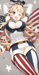 Rule 34 | 10s, 1girl, bare shoulders, belt, belt buckle, breasts, buckle, cleavage cutout, clothing cutout, elbow gloves, fingerless gloves, front-tie top, garter straps, gloves, headgear, iowa (kancolle), kantai collection, large breasts, long hair, looking at viewer, miniskirt, navel, one eye closed, open mouth, panties, pantyshot, skirt, solo, star-shaped pupils, star (symbol), striped clothes, striped skirt, striped thighhighs, symbol-shaped pupils, thighhighs, underwear, vertical-striped clothes, vertical-striped skirt, vertical-striped thighhighs, weee (raemz), white panties