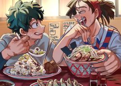 Rule 34 | 2boys, blue necktie, blue shirt, boku no hero academia, bowl, brown hair, chopsticks, collared shirt, eating, food, freckles, green eyes, green hair, headband, highres, holding, holding chopsticks, holding spoon, looking at another, loose necktie, male focus, midoriya izuku, multiple boys, necktie, open mouth, plate, ponytail, pork, red headband, red necktie, rice, rody soul, sauce, scar, scar on hand, seto (udonoisiisaikou), shirt, short hair, sitting, smile, spoon, sweat, table, teeth, two-tone necktie, upper teeth only