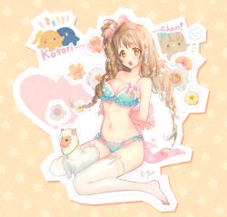 Rule 34 | 10s, 1girl, alpaca, alternate hairstyle, aqua bra, aqua panties, arms behind back, bdsm, bittersweet (dalcoms), bondage, bound, bow, bra, braid, breasts, brown hair, character name, frilled bra, frills, full body, hair bow, highres, love live!, love live! school idol project, medium breasts, minami kotori, minami kotori (bird), navel, panties, side-tie panties, solo, stuffed alpaca, thighhighs, tied up (nonsexual), twintails, underwear, underwear only, white thighhighs, yellow eyes