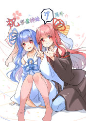 Rule 34 | 2girls, absurdres, ajishio, anniversary, black dress, blue hair, blue legwear, blue ribbon, blunt bangs, character name, commentary, dress, finger counting, grin, hair intakes, hair ribbon, hand up, highres, japanese clothes, knees up, kotonoha akane, kotonoha aoi, long hair, looking at viewer, multiple girls, open mouth, outstretched hand, red eyes, red hair, red legwear, red ribbon, ribbon, seiza, siblings, sidelocks, sisters, sitting, smile, speech bubble, spoken number, translated, v, voiceroid, white background, white dress