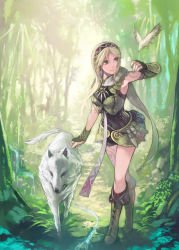 Rule 34 | 1girl, animal, aoin, bad id, bad pixiv id, bird, blonde hair, boots, fingerless gloves, forest, gloves, green eyes, hairband, nature, ranger, solo, talisman, tattoo, wolf
