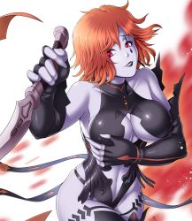 Rule 34 | 1girl, bare shoulders, black gloves, black leotard, boots, breasts, center opening, cleavage, cleavage cutout, clothing cutout, covered collarbone, curvy, earrings, facial mark, female focus, fingerless gloves, fire emblem, fire emblem: three houses, fire emblem heroes, gloves, holding, holding knife, holding weapon, jewelry, knife, kronya (fire emblem), large breasts, leotard, lips, looking at viewer, navel, navel cutout, nintendo, open mouth, orange hair, pale skin, red eyes, short hair, simple background, skindentation, sleeveless, smile, solo, standing, stomach cutout, tagme, teardrop tattoo, thick thighs, thighs, turtleneck, twitter username, underboob, weapon, white background, wide hips