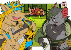 Rule 34 | 3boys, abs, absol (dkqthf), alcohol, angry, another eidos-r, architecture, bandages, bara, bare pectorals, beard, belt, biceps, blonde hair, brown hair, covered abs, drum, east asian architecture, facial hair, fu (another eidos), furry, furry male, glasses, green eyes, hairy, half-closed eyes, happy, headband, instrument, japanese clothes, jar, jewelry, jinnosuke (another eidos), katana, kimono, leg hair, looking at viewer, lying, multiple boys, muscular, muscular male, nail polish, necklace, on side, one eye closed, pectorals, rai (another eidos), rasho (another eidos), sake, shamisen, smile, sweat, sword, taiko drum, tank top, thick arms, thick thighs, thighs, tusks, v, veins, weapon, worried, yin yang, yukata