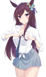 1girl absurdres alternate_costume black_hair blush breasts collarbone hair_ornament hairclip heart heart_hands highres horse_girl long_hair medium_breasts mejiro_dober_(umamusume) necktie purple_eyes school_uniform simple_background solo umamusume white_background zeatto