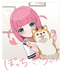 Rule 34 | 1girl, :p, absurdres, animal, animal hands, blue eyes, blunt bangs, blurry, blurry background, blush, bocchi the rock!, closed mouth, commentary, copyright name, dog, eyelashes, eyewear on head, gotoh futari, hands up, heart, highres, holding, holding animal, holding dog, indoors, jianshu, medium hair, picture frame, pink hair, shiba inu, shirt, short sleeves, smile, solo, star-shaped eyewear, star (symbol), straight hair, sunglasses, tongue, tongue out, two side up, white shirt