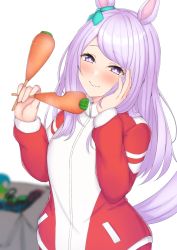 Rule 34 | 1girl, :t, animal ears, blurry, blurry background, blush, bow, box, cardboard box, carrot, closed mouth, commentary request, depth of field, ear ribbon, eating, etan14, food, green ribbon, hands up, highres, holding, holding food, horse ears, horse girl, horse tail, jacket, long hair, long sleeves, mejiro mcqueen (umamusume), purple eyes, purple hair, red jacket, ribbon, simple background, sleeves past wrists, solo, tail, track jacket, umamusume, wavy mouth, white background