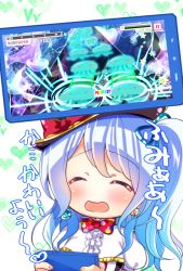 Rule 34 | 1girl, ^ ^, bang dream!, blue hair, blue ribbon, blush, bow, cellphone, center frills, closed eyes, commentary request, earrings, frills, gameplay mechanics, hair ribbon, hat, hat bow, health bar, heart, holding, holding phone, jellyfish, jewelry, long hair, matsubara kanon, one side up, open mouth, phone, playing games, polka dot neckwear, red bow, red neckwear, ribbon, smartphone, smile, smiley face, solo, star (symbol), translation request, tsurugi hikaru, upper body