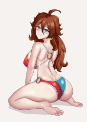 Rule 34 | android 21, barefoot, bikini, blue eyes, brown hair, dragon ball, dragon ball fighterz, glasses, highres, leaning forward, sitting, spread legs, swimsuit