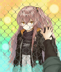 Rule 34 | 1girl, black gloves, black jacket, brown eyes, brown hair, chain-link fence, closed mouth, commentary request, fence, fingerless gloves, frown, girls&#039; frontline, gloves, hair between eyes, holding hands, jacket, long hair, looking at viewer, multicolored background, numazume, one side up, open clothes, open jacket, scar, scar across eye, scar on face, solo focus, ump45 (girls&#039; frontline), very long hair