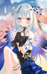 Rule 34 | 1girl, absurdres, amane kanata, amane kanata (another world), angel, angel wings, animal collar, black gloves, blue flower, blue rose, blush, collar, collarbone, colored inner hair, crying, crying with eyes open, double bun, dress, feathered wings, flower, frilled dress, frills, gloves, gradient wings, grey hair, hair bun, halo, highres, hololive, legband, long hair, multicolored hair, multicolored wings, o-ring, official alternate hair length, official alternate hairstyle, okome2028, rose, sitting, solo, star halo, streaked hair, tears, virtual youtuber, wings