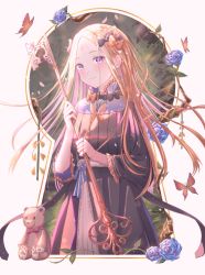 Rule 34 | 1girl, abigail williams (fate), black bow, black dress, blonde hair, blue eyes, blush, bow, breasts, bug, butterfly, closed mouth, dress, fate/grand order, fate (series), flower, forehead, hair bow, highres, insect, key, keyhole, kinom (sculpturesky), long hair, long sleeves, looking at viewer, multiple hair bows, orange bow, parted bangs, ribbed dress, rose, sidelocks, small breasts, smile, stuffed animal, stuffed toy, teddy bear