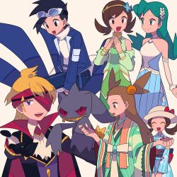 Rule 34 | 2boys, 3girls, :d, ascot, bare shoulders, black hair, blonde hair, blue jacket, blue kimono, brown eyes, brown hair, commentary request, creatures (company), dress, ethan (pokemon), ethan (sygna suit) (pokemon), game freak, gloves, goggles, green hair, green kimono, hands up, hat, headband, highres, jacket, japanese clothes, jasmine (pokemon), jasmine (special costume) (pokemon), kimono, kris (pokemon), kris (sygna suit) (pokemon), long hair, long sleeves, lyra (pokemon), lyra (summer 2020) (pokemon), lyra (sygna suit) (pokemon), morty (fall 2021) (pokemon), morty (pokemon), multiple boys, multiple girls, nintendo, official alternate costume, open clothes, open jacket, open mouth, own hands together, pants, pokemon, pokemon masters ex, purple eyes, scarf, shirt, short hair, smile, teeth, tongue, twintails, two side up, tyako 089, upper teeth only, white ascot, white scarf, yukata