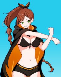 Rule 34 | 1girl, belt, bikini, bikini top only, black cape, black shorts, blue background, blush, breasts, brown hair, cape, cleavage, commentary request, cross-body stretch, desert, front-tie bikini top, front-tie top, green eyes, hair ribbon, high ponytail, highres, large breasts, long hair, medium breasts, multi-tied hair, navel, orange belt, orange cape, ponytail, premium (prmsub), re:zero kara hajimeru isekai seikatsu, ribbon, shaula (re:zero), short shorts, shorts, simple background, smile, solo, star (symbol), stomach, stretching, swimsuit, two-tone cape