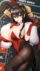 Rule 34 | absurdres, animal ears, areola slip, azur lane, banknote, black hair, black pantyhose, breasts, casino card table, chixiao, cleavage, collar, craps table, elbow gloves, finger to mouth, fur trim, gloves, highleg, highleg leotard, highres, huge breasts, large breasts, leotard, lying, money, on side, pantyhose, playboy bunny, poker chip, rabbit ears, rabbit tail, red eyes, red gloves, red leotard, table, taihou (azur lane), tail, thighs