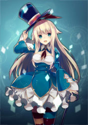 Rule 34 | 1girl, alice (grimms notes), asymmetrical legwear, blonde hair, blue eyes, cane, dress, grimms notes, hair ribbon, hat, hat tip, long hair, mismatched legwear, open mouth, pantyhose, ribbon, smile, solo, striped clothes, striped pantyhose, striped thighhighs, thighhighs, top hat, xiao hei