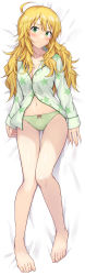 Rule 34 | 1girl, absurdres, ahoge, bare legs, barefoot, blonde hair, breasts, cleavage, commentary request, commission, dakimakura (medium), green eyes, green pajamas, green panties, highres, hoshii miki, idolmaster, incredibly absurdres, large breasts, long hair, long sleeves, looking at viewer, lying, navel, on back, on bed, pajamas, panties, pixiv commission, shuucream (syuichi), solo, unbuttoned, unbuttoned shirt, underwear, white background