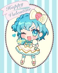 Rule 34 | 1girl, ;d, blue background, blue eyes, blue hair, box, chibi, commentary request, dorothy west, dress, full body, gift, gift box, hand on own hip, happy valentine, heart-shaped box, highres, holding, holding gift, looking at viewer, momokan (mmkn100), one eye closed, open mouth, pretty series, pripara, puffy short sleeves, puffy sleeves, short hair, short sleeves, smile, solo, striped background, white dress