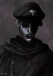 Rule 34 | black cloak, black clover, black lips, blood, blood on clothes, blood on face, cloak, closed eyes, gordon agrippa, grey background, hat, highres, irinaai9, mime, open mouth, parted lips, plump lips, tears, teeth, watermark