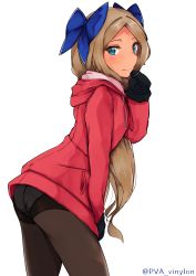 Rule 34 | 1girl, absurdres, alternate costume, asakaze (kancolle), blue bow, blue eyes, blush, bow, brown hair, commentary request, cowboy shot, drawstring, hair bow, hand on own chin, highres, hood, hooded jacket, jacket, kantai collection, long hair, looking at viewer, mittens, no pants, panties, panties under pantyhose, pantyhose, parted bangs, simple background, solo, thighband pantyhose, thighs, twitter username, underwear, uut, very long hair, white background