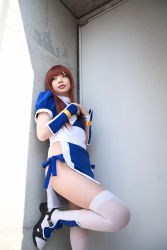 Rule 34 | 1girl, asian, breasts, cosplay, dead or alive, highres, kasumi (doa), kasumi (doa) (cosplay), long hair, namada, outdoors, panties, pelvic curtain, photo (medium), red hair, sandals, side-tie panties, small breasts, solo, tecmo, thighhighs, underwear, white thighhighs