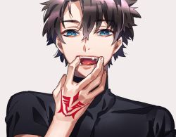 Rule 34 | 1boy, black shirt, blue eyes, brown hair, command spell, fang, fate/grand order, fate (series), fujimaru ritsuka (male), grey background, hair between eyes, hand up, looking at viewer, male focus, shirt, simple background, solo, tenobe, turtleneck