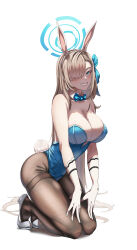 Rule 34 | 1girl, ass, asuna (blue archive), asuna (bunny) (blue archive), blue archive, blue leotard, breasts, cleavage, gloves, highleg, highres, kneeling, large breasts, leotard, looking at viewer, pantyhose, playboy bunny, simple background, smile, solo, thighs, ticker (kks2ksy), white background, white gloves