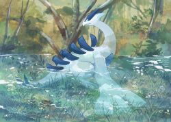 Rule 34 | animal focus, black eyes, bright pupils, closed mouth, creatures (company), day, forest, full body, game freak, gen 2 pokemon, highres, lake, legendary pokemon, looking back, lugia, nature, nintendo, no humans, outdoors, plant, pokemon, pokemon (creature), ripples, solo, volpecorvo, water, white pupils