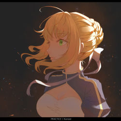 Rule 34 | 1girl, absurdres, ahoge, artoria pendragon (all), artoria pendragon (fate), blonde hair, braid, breasts, cleavage, dress, eyebrows hidden by hair, fate/grand order, fate/stay night, fate/zero, fate (series), from side, green eyes, highres, kensei (ciid), looking away, looking to the side, medium breasts, saber (fate), solo, upper body