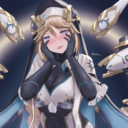 Rule 34 | 1girl, armor, armored dress, artist name, black gloves, black headwear, blonde hair, blue eyes, blush, bodysuit, braid, braided ponytail, breasts, cleavage, gloves, goddess of victory: nikke, hair between eyes, hands on own cheeks, hands on own face, heart, heart-shaped pupils, highres, large breasts, long hair, looking at viewer, mechanical wings, multicolored clothes, nun, open mouth, parted bangs, rapunzel (nikke), single braid, smile, solo, symbol-shaped pupils, veil, very long hair, wings