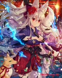 Rule 34 | animal ears, breasts, closed mouth, company name, expressionless, falkyrie no monshou, fox ears, fox girl, fox tail, holding, holding sheath, holding sword, holding weapon, japanese clothes, kimono, large breasts, long hair, looking at viewer, natsumekinoko, official art, red eyes, sheath, silver hair, sword, tail, unsheathing, very long hair, weapon