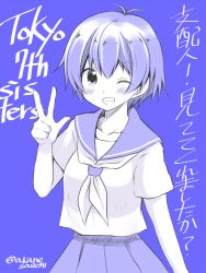 Rule 34 | 1girl, akane souichi, blue background, blush, copyright name, grin, kamishiro sui, looking at viewer, monochrome, one eye closed, purple theme, school uniform, serafuku, short hair, simple background, smile, solo, tokyo 7th sisters, translation request, v