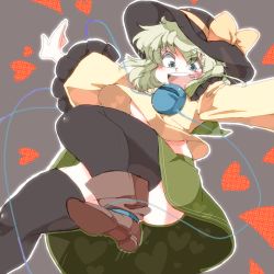 Rule 34 | 1girl, breasts, curvy, eyeball, eyebrows, female focus, green eyes, green hair, hat, heart, iroyopon, komeiji koishi, matching hair/eyes, medium breasts, open mouth, skirt, smile, solo, thick eyebrows, thighhighs, too many, touhou, under shirt