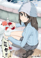 Rule 34 | &gt;:), &gt;:t, 10s, 1girl, 2017, :t, artist name, black footwear, black hair, blue hat, blush, breasts, brown eyes, character name, cleavage, closed mouth, dated, eating, food, girls und panzer, grey socks, hair between eyes, hat, holding, holding food, impossible clothes, kneehighs, looking at viewer, medium breasts, mika (girls und panzer), mokyutan, outdoors, shaved ice, shoes, signature, smile, snow, snowman, socks, solo, speech bubble, squatting, syrup, unworn mittens, v-shaped eyebrows