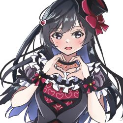 Rule 34 | 1girl, black hair, black hat, bow, chinese commentary, collarbone, commentary request, dress, grey eyes, hair ornament, hat, hat bow, heart, heart hair ornament, heart hands, kai shum, long hair, looking at viewer, love live!, love live! nijigasaki high school idol club, mixed-language commentary, one side up, puffy short sleeves, puffy sleeves, purple dress, red bow, short sleeves, sidelocks, solo, upper body, white background, yuki setsuna (love live!)