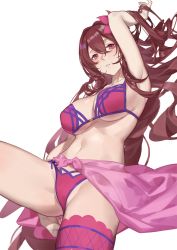 Rule 34 | 1girl, arm up, armpits, bare shoulders, bikini, blush, breasts, collarbone, fate/grand order, fate (series), hair between eyes, hand in own hair, highres, large breasts, leg up, long hair, navel, parted lips, pink bikini, pink thighhighs, red cucumber, red hair, sarong, scathach (fate), scathach (fate/grand order), scathach (swimsuit assassin) (fate), see-through silhouette, simple background, single thighhigh, solo, stomach, swimsuit, thighhighs, underboob, very long hair, white background