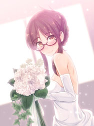 Rule 34 | 1girl, akizuki ritsuko, bare shoulders, blush, bouquet, breasts, bride, brown eyes, brown hair, dress, elbow gloves, flower, folded ponytail, glasses, gloves, highres, idolmaster, idolmaster (classic), looking at viewer, revision, shuuichi, smile, solo, wedding dress, white gloves