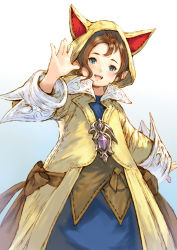 Rule 34 | 1girl, animal hood, blue eyes, brown hair, final fantasy, final fantasy xiv, gradient background, highres, hood, krile mayer baldesion (ff14), lalafell, looking at viewer, makimura shunsuke, open mouth, pointy ears, short hair, solo, standing, waving