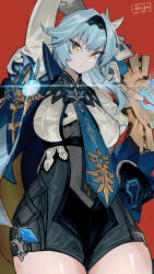 Rule 34 | 1girl, absurdres, arm up, black gloves, black hairband, blue cape, blue hair, blue necktie, breasts, cape, chest harness, closed mouth, clothing cutout, cowboy shot, dated, eula (genshin impact), genshin impact, gloves, greatsword, hair between eyes, hair ornament, hairband, harness, high-waist shorts, highres, holding, holding sword, holding weapon, large breasts, long sleeves, looking at viewer, medium hair, necktie, red background, sen-jou, shorts, shoulder cutout, sidelocks, signature, simple background, skyward pride (genshin impact), solo, sword, vision (genshin impact), weapon, white sleeves, wide sleeves, yellow eyes