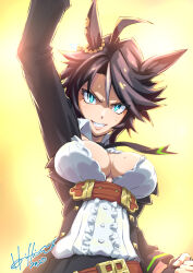 Rule 34 | 1girl, ahoge, animal ears, arm up, belt, black gloves, black hair, black jacket, black necktie, black pants, blue eyes, breasts, brown belt, center frills, cleavage, clenched hand, clenched teeth, collared shirt, commentary request, cowboy shot, ear ornament, ear piercing, frilled shirt, frills, fuji kiseki (umamusume), gloves, gold trim, hair between eyes, highres, hori shin, horse ears, horse girl, jacket, large breasts, long sleeves, looking at viewer, multicolored hair, necktie, pants, piercing, shirt, short hair, signature, solo, standing, sweat, teeth, umamusume, underbust, white hair, white shirt