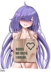 Rule 34 | 1girl, arm under breasts, arrow (symbol), azur lane, bag, bare shoulders, blush, breasts, collarbone, colored eyelashes, cropped torso, dangle earrings, drooling, earrings, english text, eyes visible through hair, gzanth, hair over one eye, heart, heart-shaped pupils, highres, huge breasts, jewelry, long hair, looking at viewer, mogador (azur lane), mouth drool, nude, open mouth, paper bag, purple eyes, purple hair, recycling symbol, signature, simple background, solo, sweat, symbol-shaped pupils, very long hair, white background