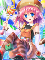 Rule 34 | 1girl, blue eyes, box, cookie, detached sleeves, food, gift, gift box, hat, open mouth, overalls, pink hair, pochadon, scepter, seiten ragnarok, short hair, solo, striped clothes, striped thighhighs, sweets, thighhighs