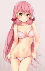 Rule 34 | &gt;:3, 10s, 1girl, :3, akashi (kancolle), blush, bra, breasts, cleavage, collarbone, contrapposto, green eyes, interstellar, kantai collection, long hair, looking at viewer, navel, panties, panty pull, pink bra, pink hair, pink panties, pulling own clothes, sidelocks, smile, solo, standing, underwear, underwear only, v-shaped eyebrows, wide hips
