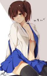 Rule 34 | 10s, 1girl, 2014, akit (15jamjam), bad id, bad pixiv id, brown eyes, brown hair, character name, dated, japanese clothes, kaga (kancolle), kantai collection, long hair, open clothes, side ponytail, signature, solo
