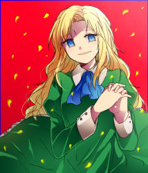 Rule 34 | 1girl, bad id, bad pixiv id, blonde hair, blue eyes, dress, ib (kouri), long hair, mary (ib), mmm ss, own hands clasped, own hands together, petals, red background, solo