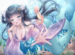 Rule 34 | 1girl, :d, air bubble, bikini, bikini under clothes, black bikini, black hair, blue eyes, breasts, bubble, cleavage, commentary request, coral, day, fish, floating hair, hair rings, japanese clothes, kimono, kohinata hoshimi, long hair, long sleeves, looking at viewer, medium breasts, mermaid, monster girl, off shoulder, open mouth, original, outdoors, purple kimono, seahorse, shell hair ornament, smile, solo, swimsuit, underwater, very long hair, water, wide sleeves