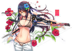Rule 34 | 1girl, animal print, bikini, bikini under clothes, black hair, blue eyes, blue nails, bracelet, breasts, cleavage, cowboy shot, cyborg, floral background, flower, gem, hair flower, hair ornament, hibiscus, jewelry, katana, large breasts, leopard print, long hair, mechanical arms, mechanical parts, nail polish, navel, open fly, original, pants, pearl (gemstone), scabbard, sheath, single mechanical arm, smile, solo, sunglasses, swimsuit, swimsuit under clothes, sword, t-track, t-track (artist), underboob, unsheathing, unzipped, weapon
