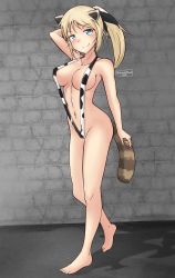 Rule 34 | 1girl, absurdres, animal ears, animal print, blonde hair, blue eyes, blush, bookmarkahead, breasts, closed mouth, collarbone, cow print, full body, highres, katharine ohare, large breasts, looking at viewer, navel, ponytail, raccoon ears, raccoon tail, slingshot swimsuit, smile, solo, standing, strike witches, swimsuit, tail, world witches series