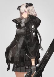 Rule 34 | 1girl, a-z b (neco), also sprach zarathustra (neco), belt, belt buckle, black jacket, black sweater, breasts, buckle, commentary, cowboy shot, gloves, grey background, grey gloves, grey hair, grey scarf, headgear, holding, holding weapon, jacket, looking at viewer, miniskirt, neco, open clothes, open jacket, original, pink eyes, pleated skirt, scarf, short hair, skirt, solo, standing, sweater, weapon